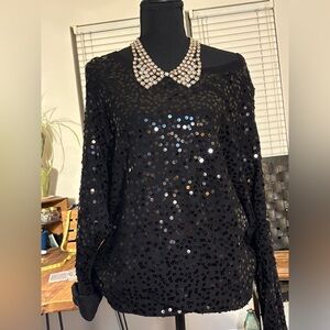 Black Sequin Top with Pearl Collar